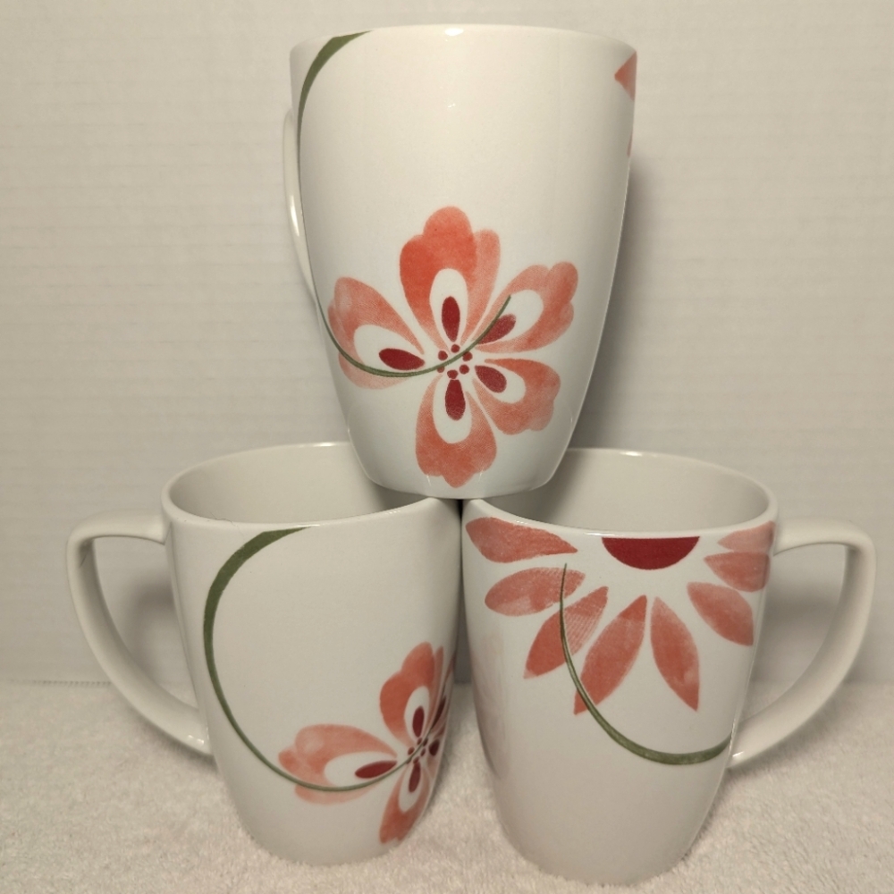 Corelle White Mugs with Coral Floral and Olive Green Accents (Set of 3)